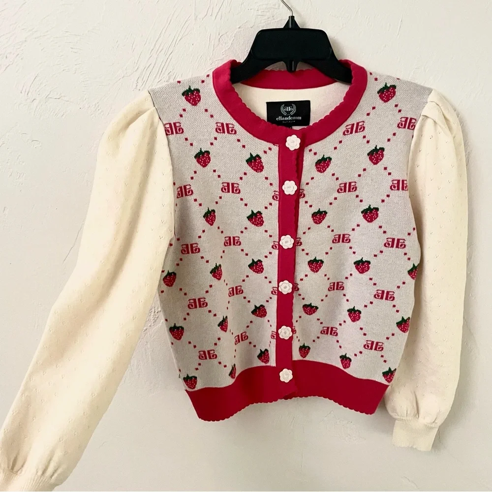 EllandEmm NWOT Strawberry Monogram Cardigan in Cream and Red, Size S/M - Picture 3 of 14